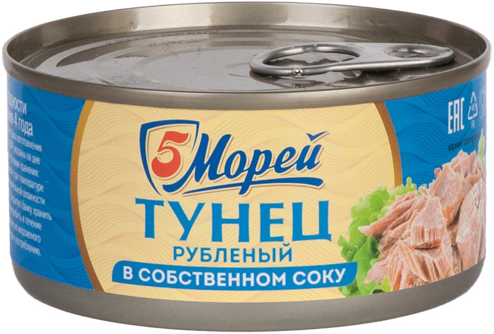 Изображение товара Тунец 5 Морей рубленый в собственном соку 185 г высокое качество