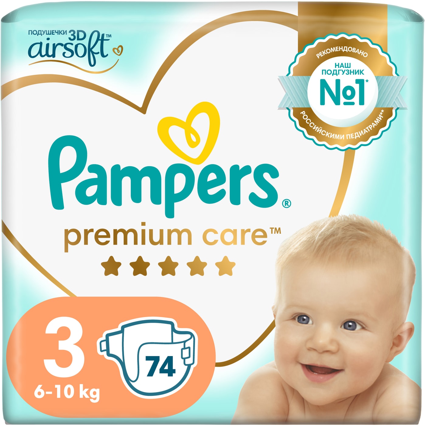 Изображение товара Подгузники Pampers Premium Care 3 размер 6-10 кг ультрамягкие 74 шт