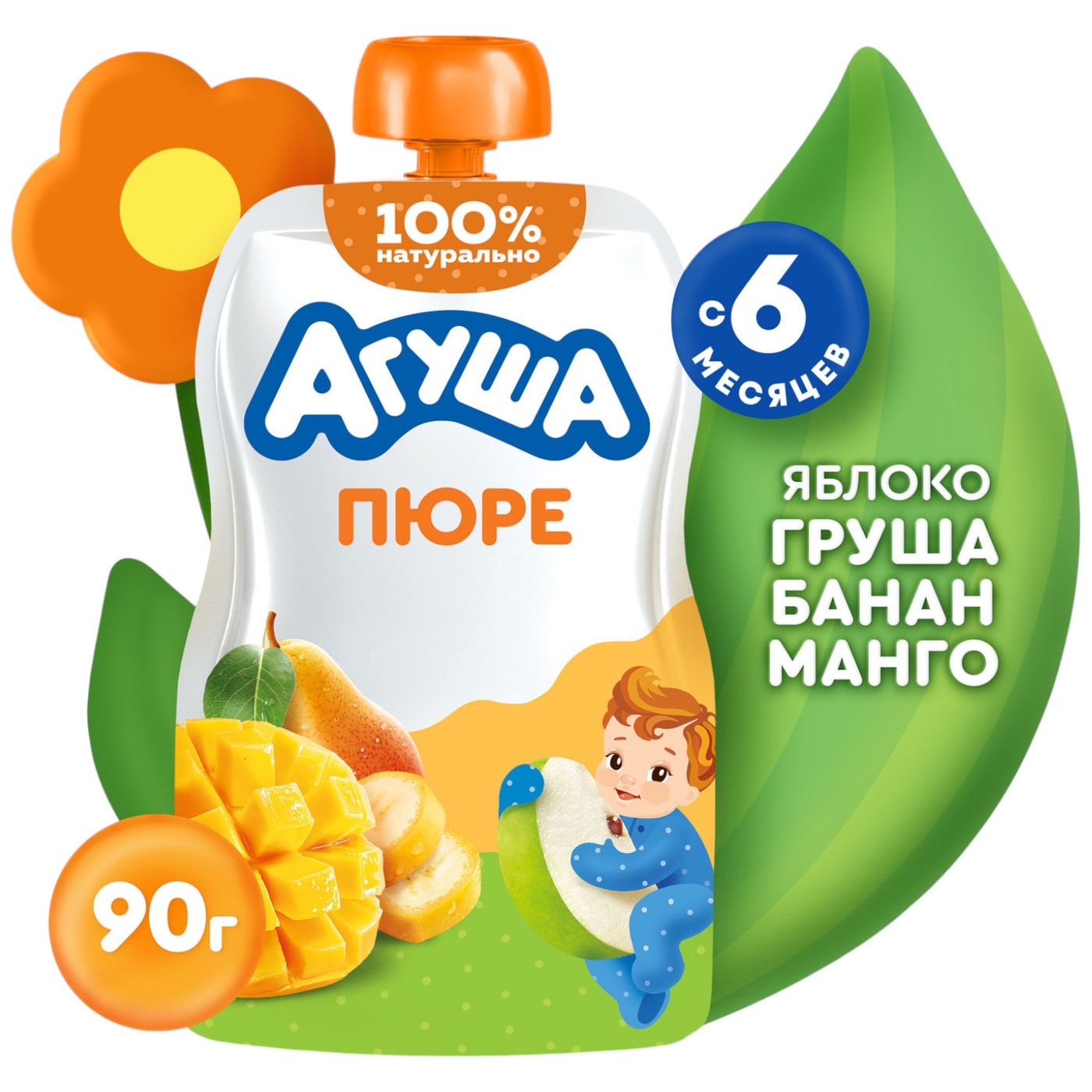 Изображение товара Пюре Агуша Яблоко-Груша-Банан-Манго 90г