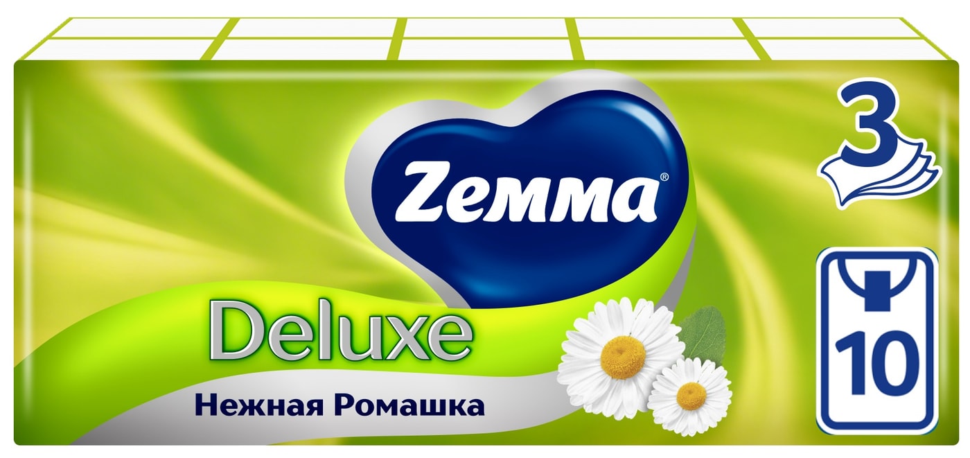 Изображение товара Платки носовые Zemma Deluxe Нежная Ромашка 3 слоя 10*10шт Изображение товара Платки носовые Zemma Deluxe Нежная Ромашка 3 слоя 10*10шт