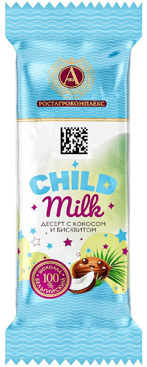 Изображение товара Десерт Ростагрокомплекс творожный глазированный Child Milk с кокосом и бисквитом в молочном шоколаде 15% 40г