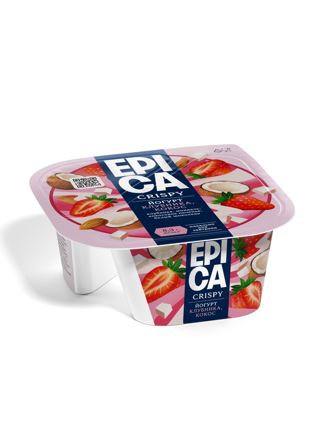 Изображение товара Йогурт Epica Crispy Клубника-Кокос с кокосовым печеньем миндалем и белым шоколадом 7.3% 138г