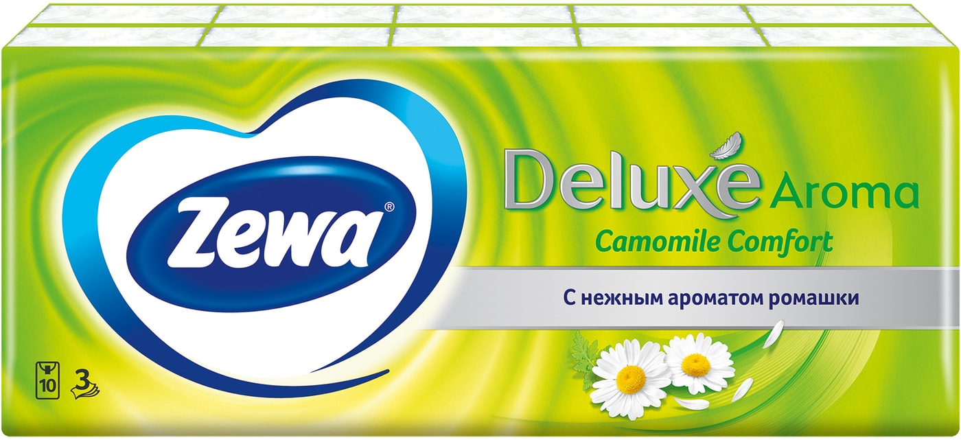 Изображение товара Носовые платки Zewa Deluxe Ромашка 3 слоя 10*10шт