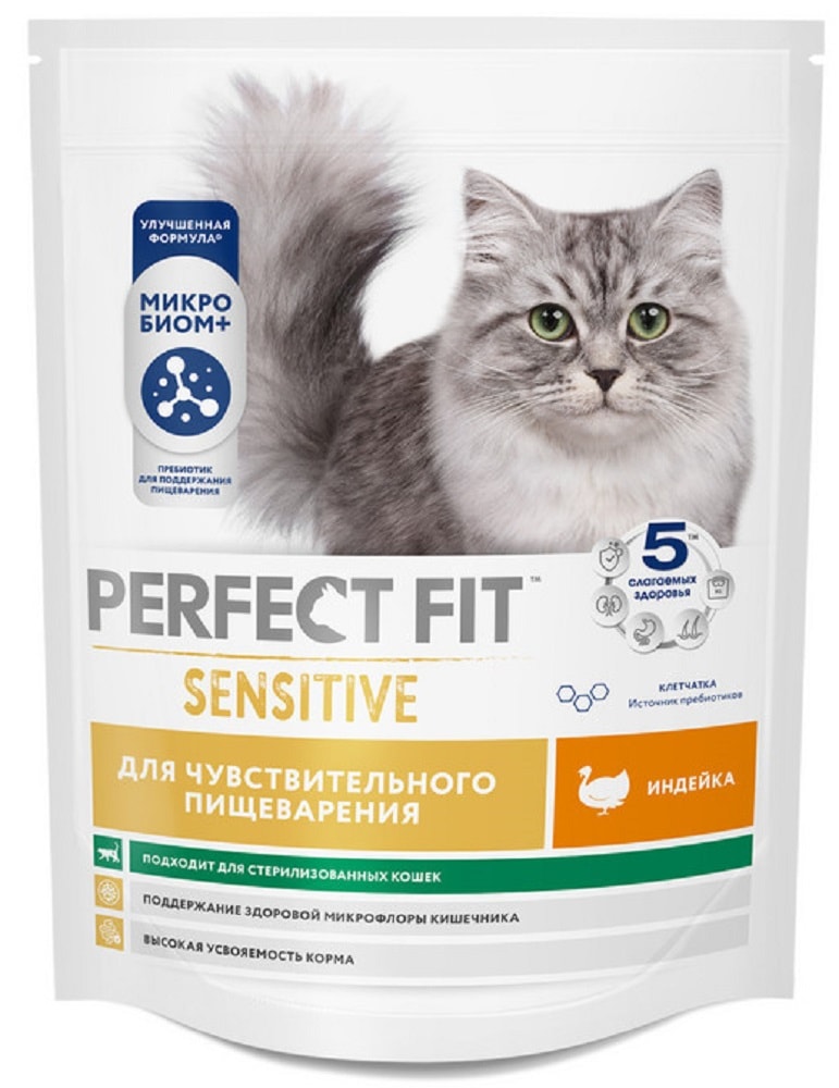 Изображение товара Сухой корм для кошек Perfect Fit полнорационный для чувствительного пищеварения с индейкой 650г