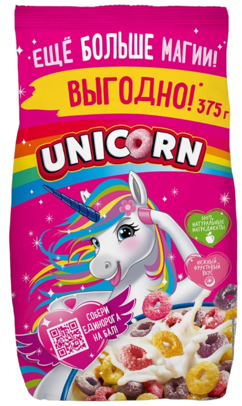 Изображение товара Готовый завтрак Unicorn Радужные колечки с фруктовым вкусом 375г