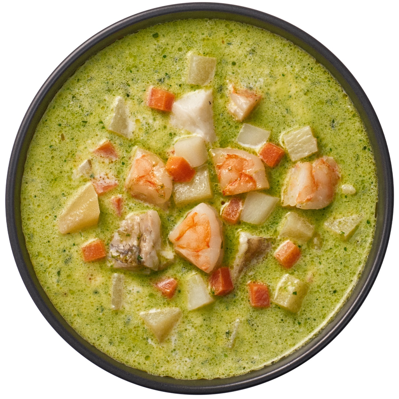 Изображение товара Горячее блюдо сливочный суп с треской креветками и песто 300г Перекресток Select