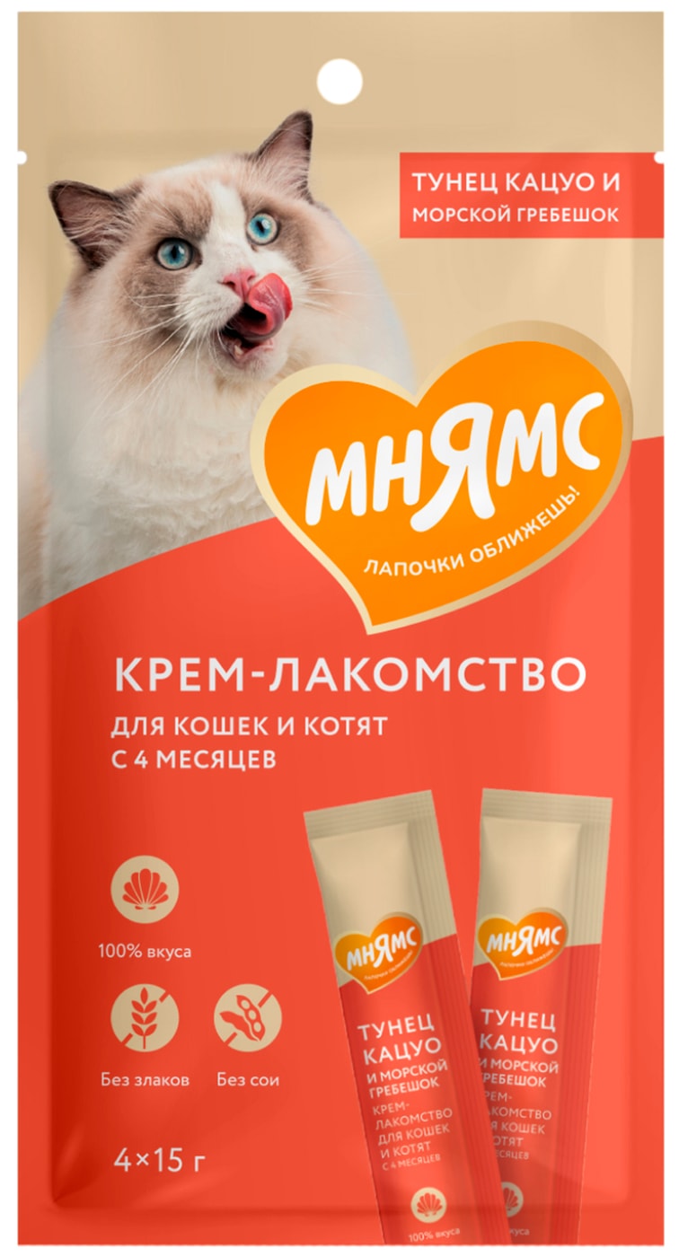 Изображение товара Крем-лакомство для кошек Мнямс с тунцом Кацуо и морским гребешком 15г*4шт