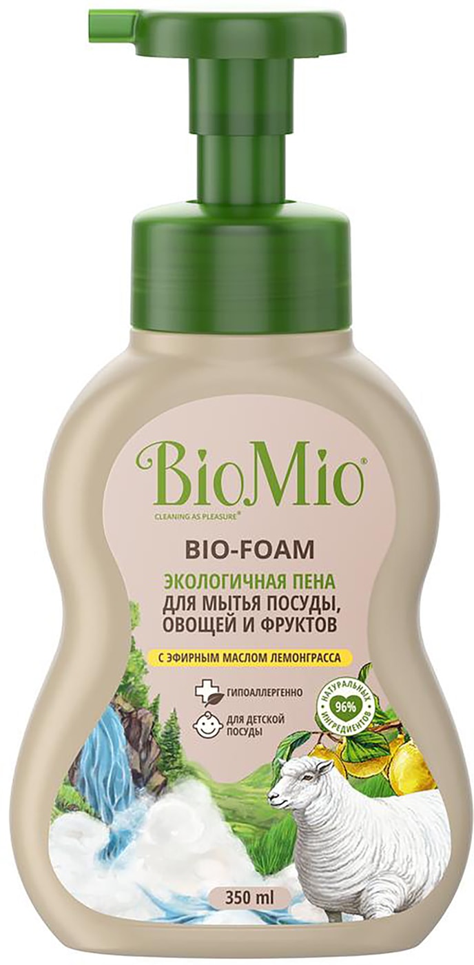 Изображение товара Пена для мытья посуды BioMio с экстрактом хлопка и эфирным маслом лемонграсса 350мл