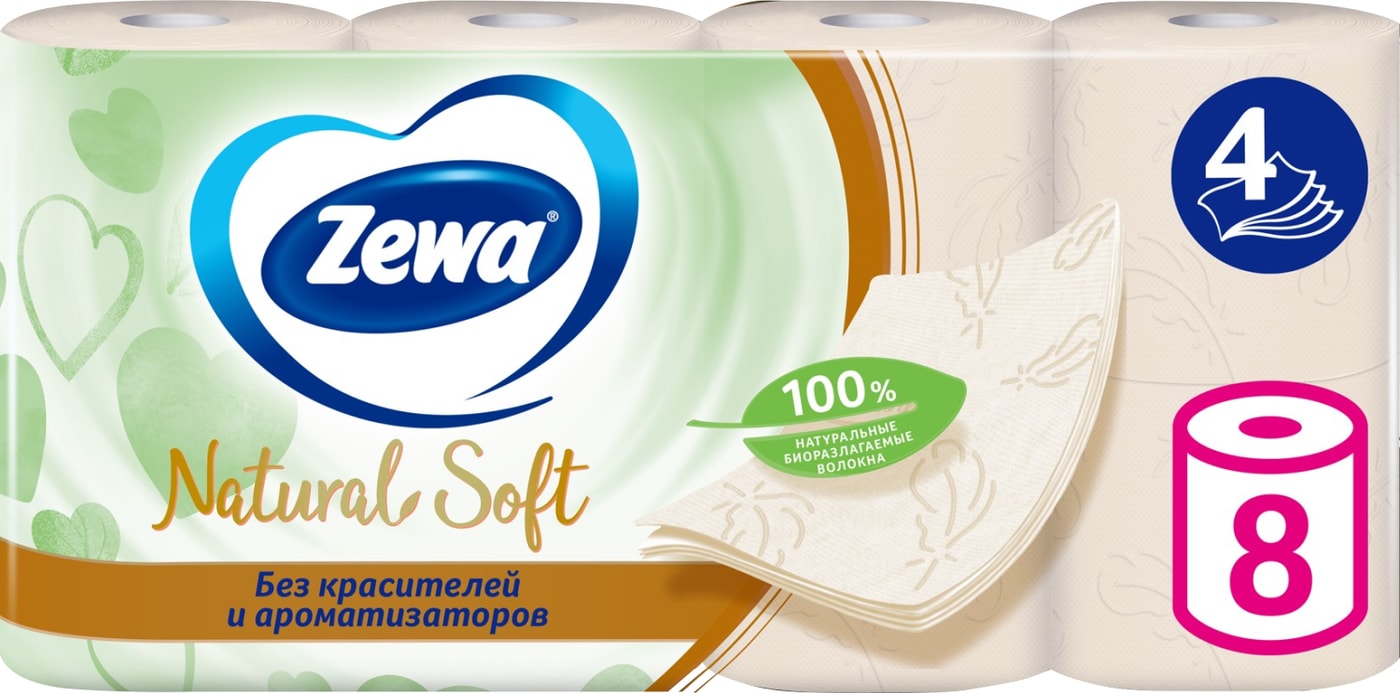 Изображение товара Туалетная бумага Zewa Natural Soft 8 рулонов 4 слоя в ассортименте