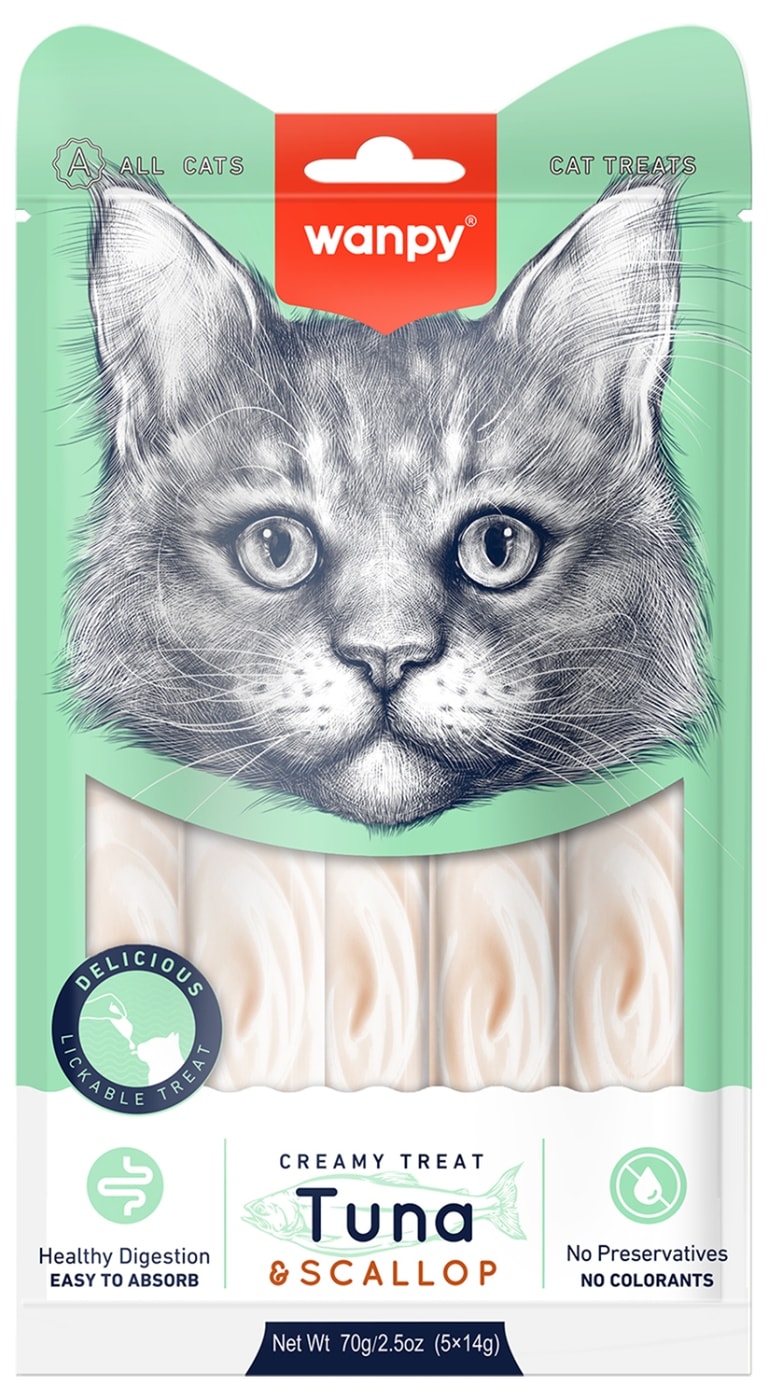 Изображение товара Лакомство для кошек Wanpy Cat нежное пюре из тунца и гребешка 70г