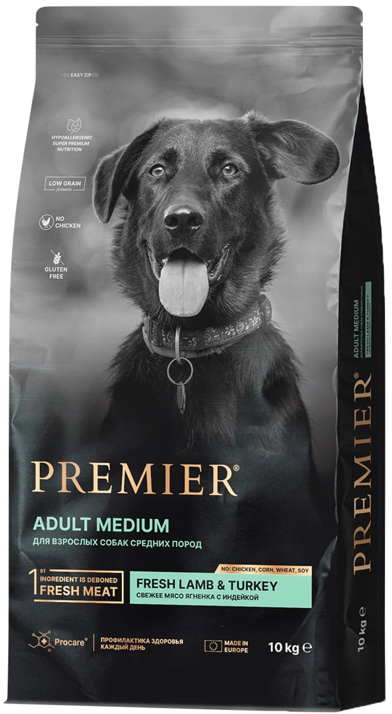 Изображение товара Сухой корм Premier Dog Lamb&Turkey Adult Medium 10 кг — натуральное питание для взрослых собак