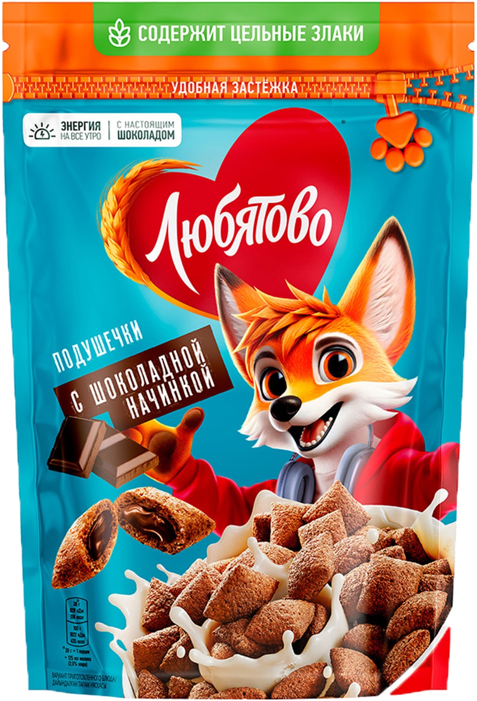 Изображение товара Подушечки Любятово с шоколадной начинкой 220 г сухой завтрак, пшенные хлопья с шоколадом