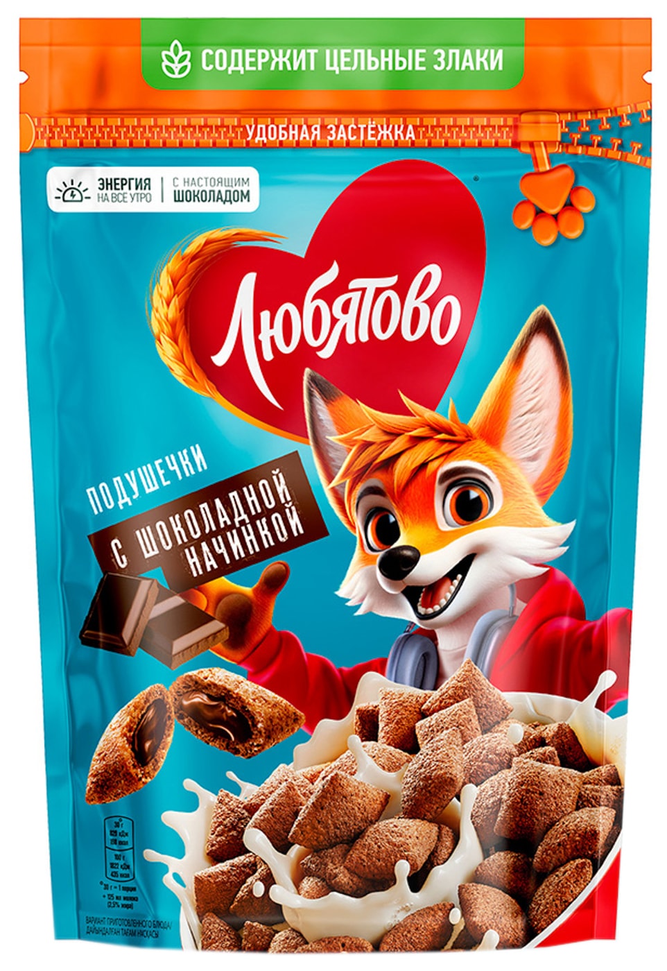 Изображение товара Подушечки Любятово с шоколадной начинкой 220 г сухой завтрак, пшенные хлопья с шоколадом