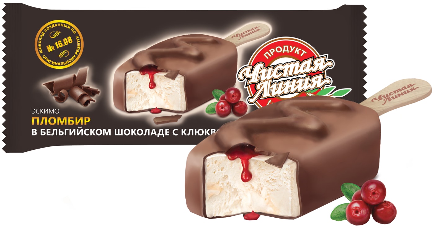 Изображение товара Мороженое Чистая Линия Пломбир в бельгийском шоколаде с клюквой 12% 80г
