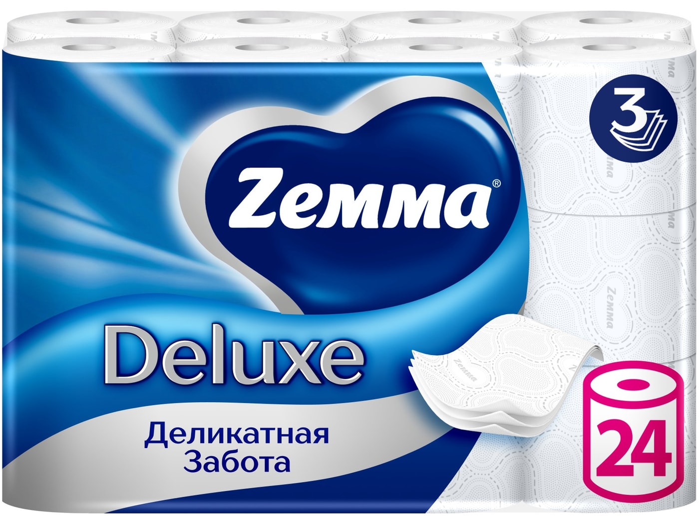 Изображение товара Туалетная бумага Zemma Deluxe Деликатная Забота 3 слоя 24 рулона Изображение товара Туалетная бумага Zemma Deluxe Деликатная Забота 3 слоя 24 рулона