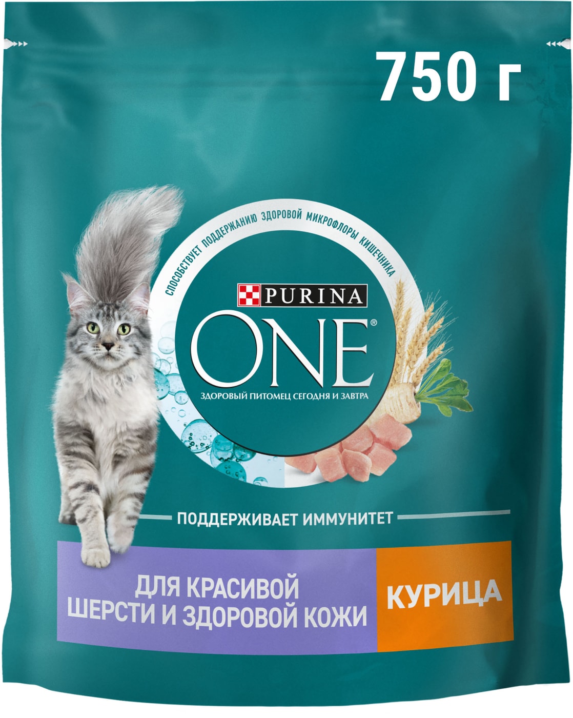 Изображение товара Сухой корм для кошек Purina ONE для красивой шерсти и здоровой кожи с курицей 750г