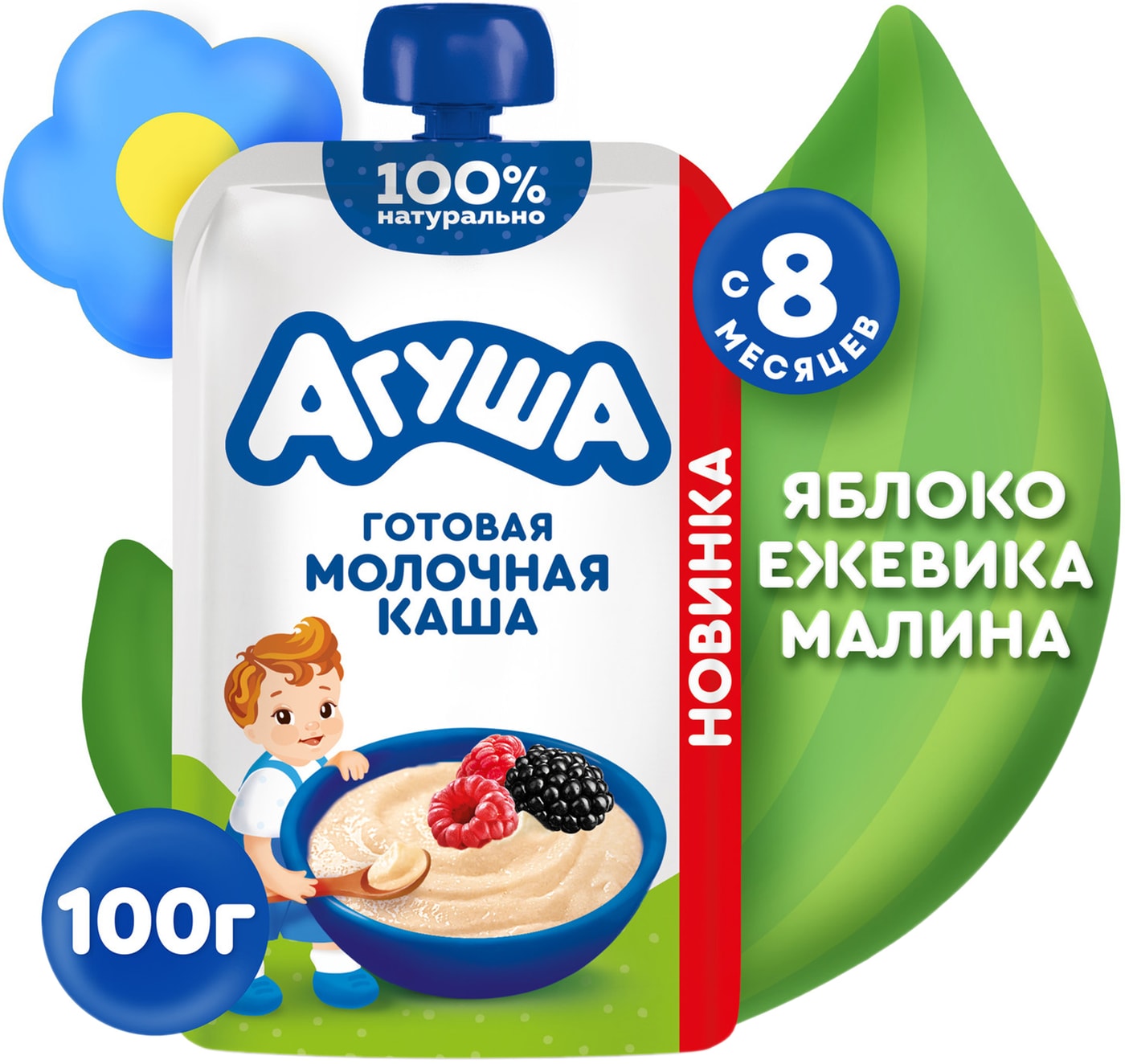 Изображение товара Каша Агуша молочная пшенично-овсяная с яблоком ежевикой и малиной 100г