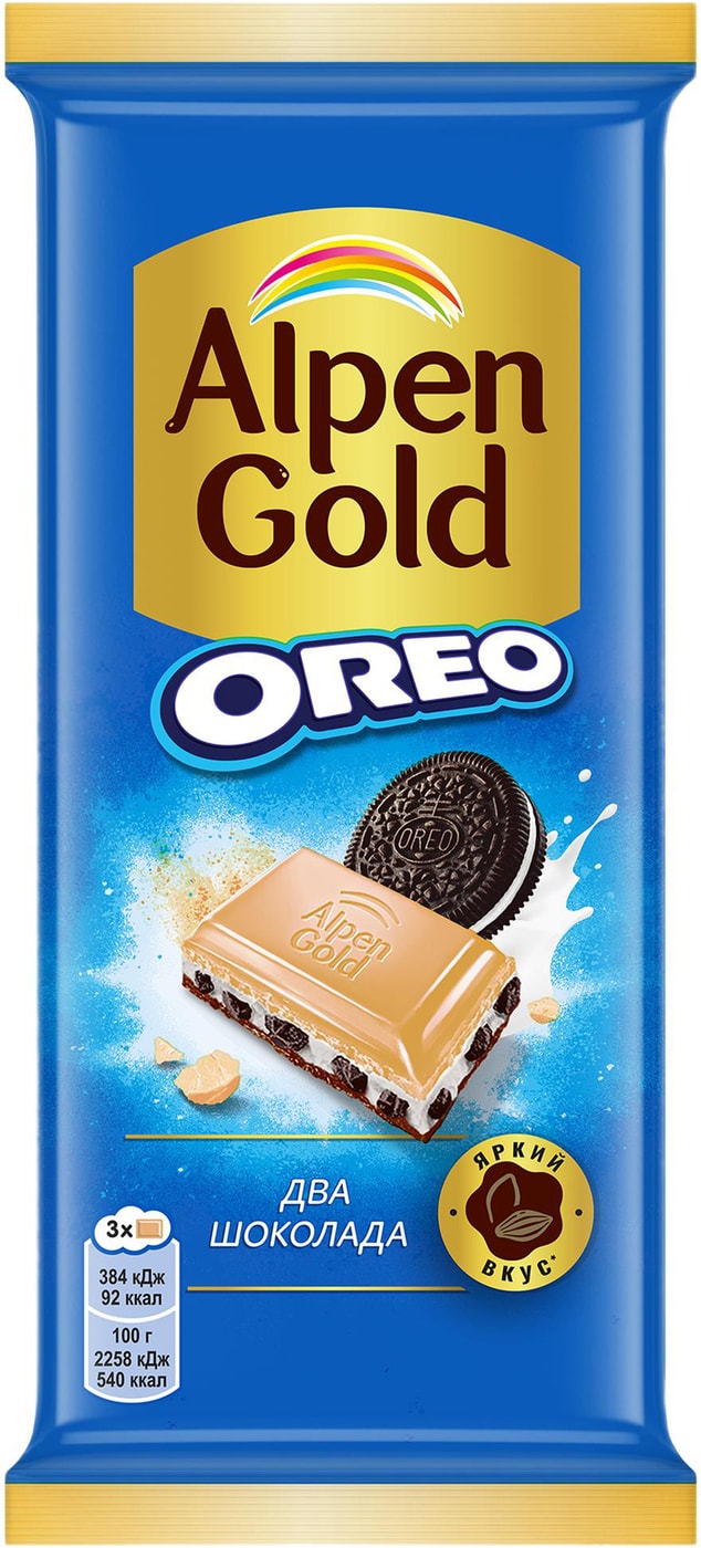 Изображение товара Шоколад Alpen Gold Два шоколада Молочный с белым шоколадом и печеньем Орео 85г