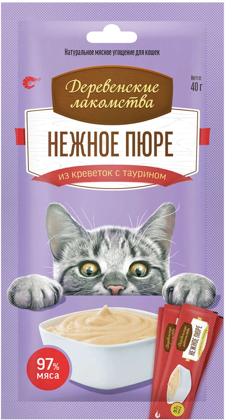 Изображение товара Лакомство для кошек Деревенские Лакомства Нежное пюре из креветок 4шт*10г
