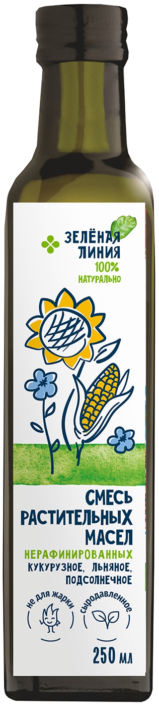 Изображение товара Смесь растительных масел Зеленая линия Кукурузное + Подсолнечное + Льняное 250мл