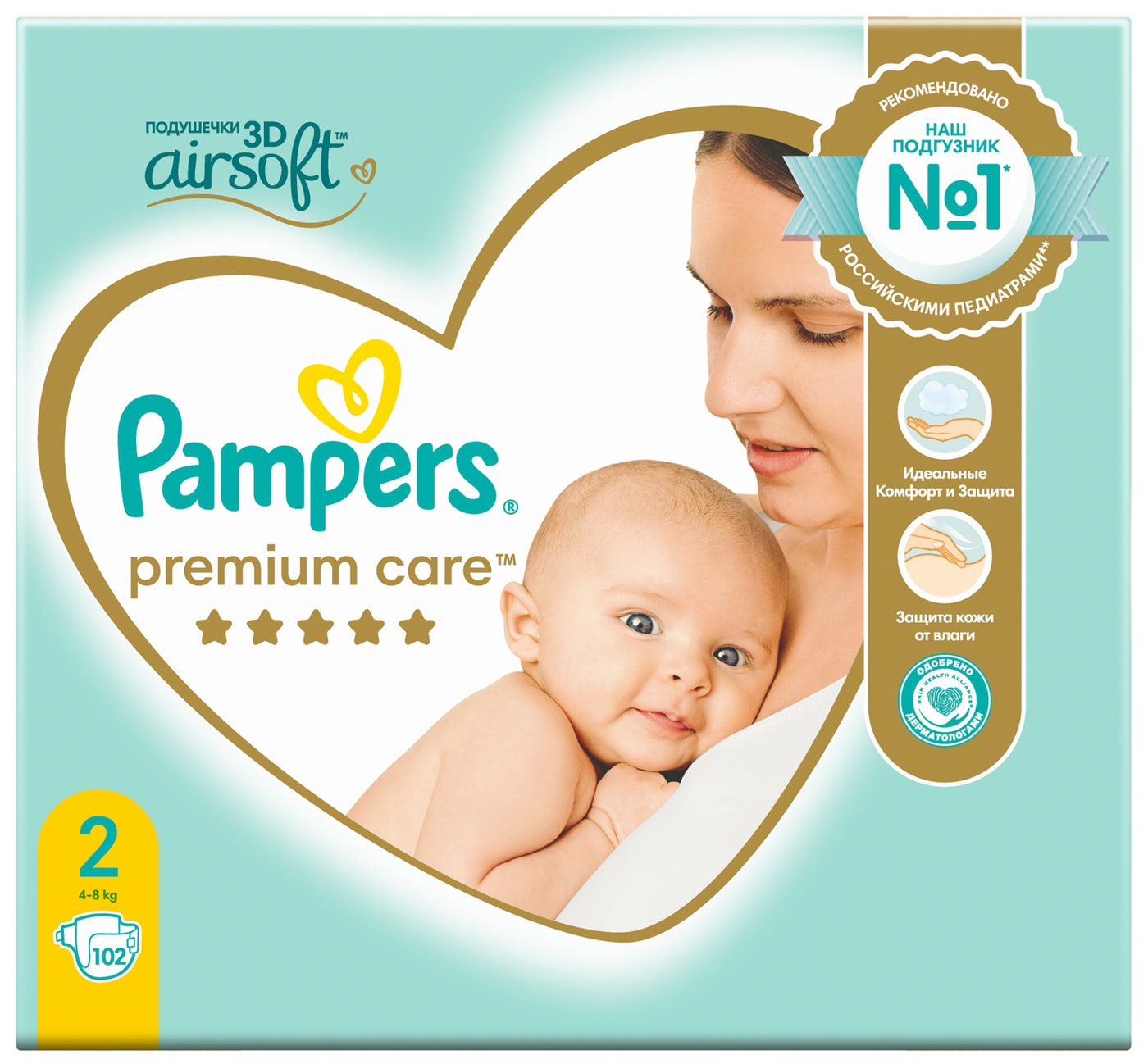 Изображение товара Подгузники для новорожденных Pampers Premium Care 2 102 шт мягкие и воздухоотводящие