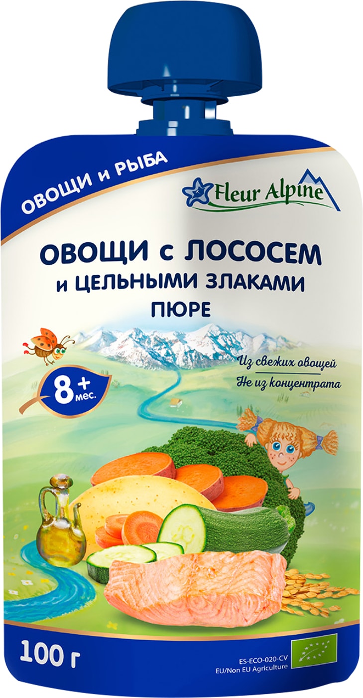 Изображение товара Пюре Fleur Alpine овощи с лососем и злаками 100г для детей от 8 месяцев