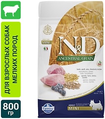 Сухой корм для собак Farmina N&D Dog Ancestral Grain низкозерновой с ягненком и черникой для мелких пород 800г