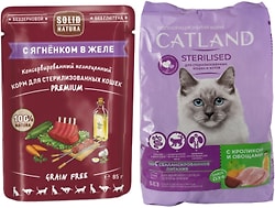 Комплект для стерилизованных кошек Сухой корм Catland с кроликом и овощами 350г + Влажный корм Solid Natura Premium с ягненком 85г