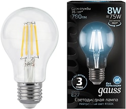 Лампочка светодиодная Gauss Filament Е27 А60 8W 780lm 4100К LED