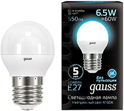 Лампочка светодиодная Gauss Шар Е27 6.5W 550lm 4100K LED 10шт