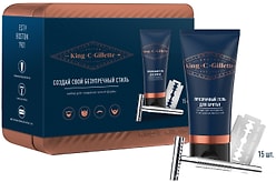Подарочный набор Gillette King C Т-образная бритва + 15 двусторонних лезвий для контуринга + Гель для бритья 150мл