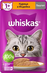 Влажный корм для кошек Whiskas полнорационный паштет с курицей и индейкой 75г
