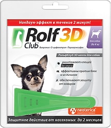 Капли от клещей и насекомых RolfClub 3D для собак до 4кг 0.5мл