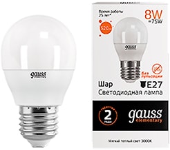 Лампочка светодиодная Gauss Elementary Шар Е27 8W 520lm 3000K LED 10шт