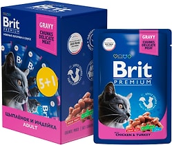 Набор влажного корма для кошек Brit Premium Цыпленок и индейка в соусе 85г*5+1шт