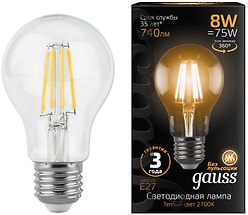 Лампочка светодиодная Gauss Filament Е27 А60 8W 740lm 2700К LED