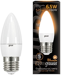 Лампочка светодиодная Gauss Свеча Е27 6.5W 520lm 3000К LED 10шт