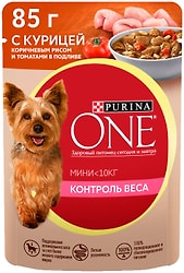 Влажный корм для собак Purina ONE для мелких пород склонных к набору веса с курицей коричневым рисом и томатами в подливе 85г