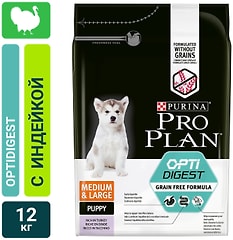 Сухой корм для щенков Pro Plan Grain Free Formula для средних и крупных пород с чувствительным пищеварением с индейкой 12кг