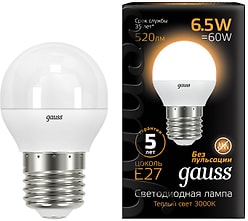 Лампочка светодиодная Gauss Шар Е27 6.5W 520lm 3000K LED