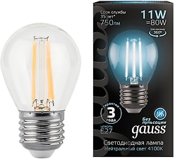 Лампочка светодиодная Gauss Filament Шар Е27 11W 830lm 4100К LED