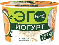 Биойогурт Эго Правильный завтрак с мюсли лесными орехами и кусочками апельсина 7% 180г 