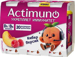 Изображение товара Напиток кисломолочный Actimuno Kids Кибер Персик с персиком и малиной 1.5% 95г