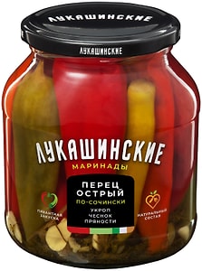 Изображение товара Перец Лукашинские по сочински острый с зеленью и чесноком 560г