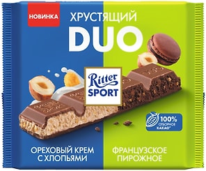 Изображение товара Шоколад Ritter Sport Duo Хрустящий Ореховый крем с хлопьями-Французское пирожное 218г