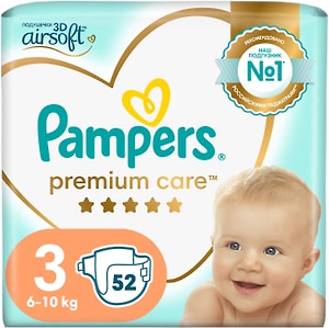 Изображение товара Подгузники Pampers Premium Care 3 размер 6-10кг ультрамягкие 52шт
