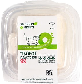 Изображение товара Творог Зеленая линия пластовой 9% 350г