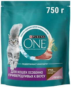 Изображение товара Сухой корм для кошек Purina ONE для особенно привередливых к вкусу с высоким содержанием утки и c печенью 750г