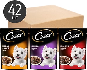 Изображение товара Набор влажных кормов для собак Cesar Три вкуса желе 14шт*85г и ломтики в соусе 28шт*85г