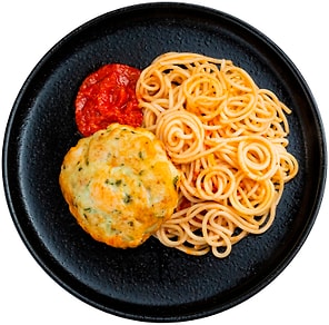 Изображение товара Оладьи куриные со спагетти и томатным соусом Перекресток Select 250г